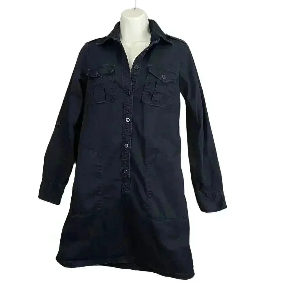 J.Crew Dark Blue Trench Dress Sz 4 - Button Up Long Sleeve Collared 100% Cotton